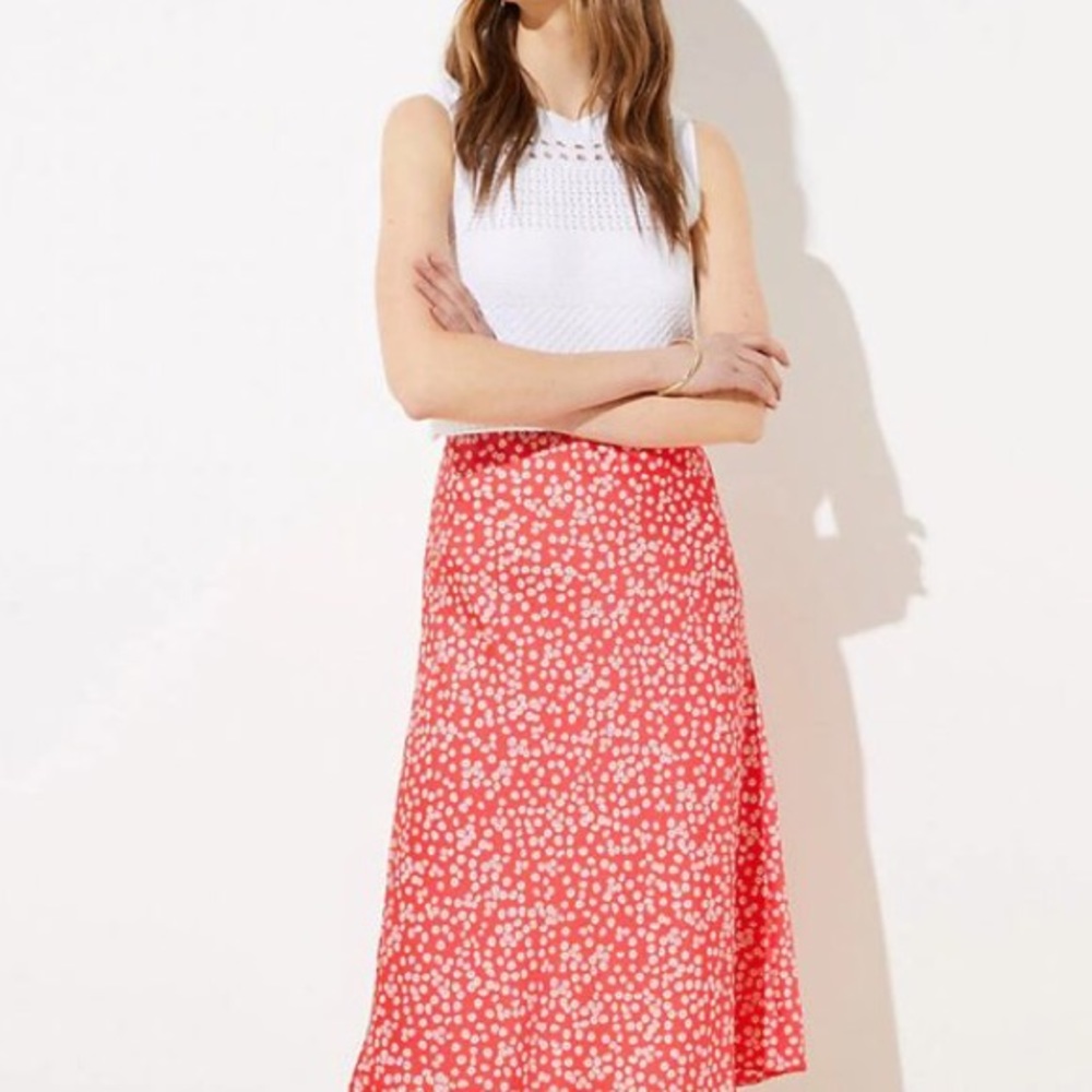 LOFT Red and White Floral Midi Skirt